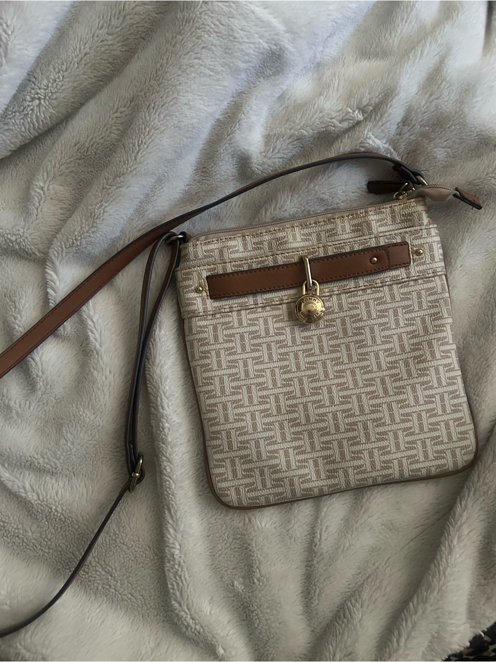 Tommy Hilfiger Cream and Brown Monogram Crossbody Bag